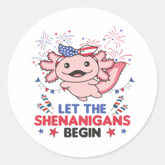 Sticker Rond Joyeux 4ème mignonne Axolotl avec Fireworks Americ