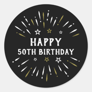 Sticker Rond Joyeux 50e anniversaire feux d'artifice Black Whit