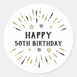 Sticker Rond Joyeux 50e anniversaire feux d'artifice Blanc Blac