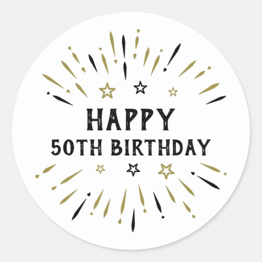 Sticker Rond Joyeux 50e anniversaire feux d'artifice Blanc Blac (Devant)