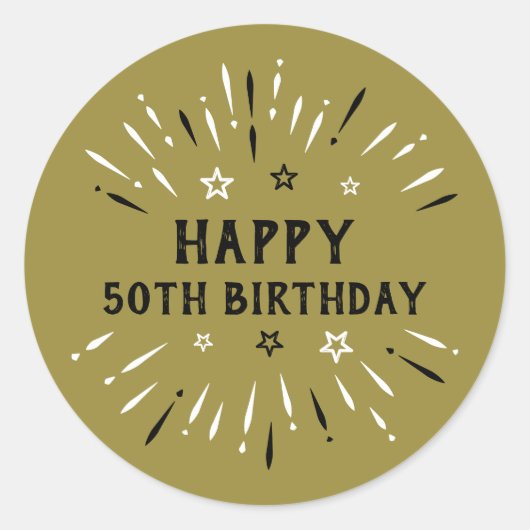 Sticker Rond Joyeux 50e anniversaire feux d'artifice Gold Black (Devant)