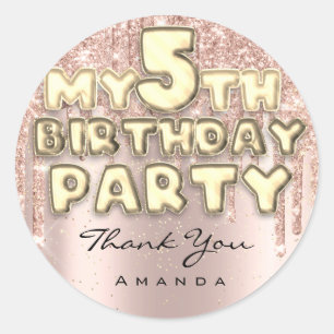 Sticker Rond Joyeux 5ème anniversaire Fête Glitter Drips Rose