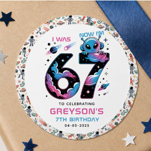 Sticker Rond Joyeux 7e Anniversaire Cute Space Six et Sept An