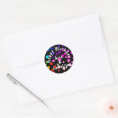 Sticker Rond Joyeux annee Rainbow Dots sur Noir (Enveloppe)