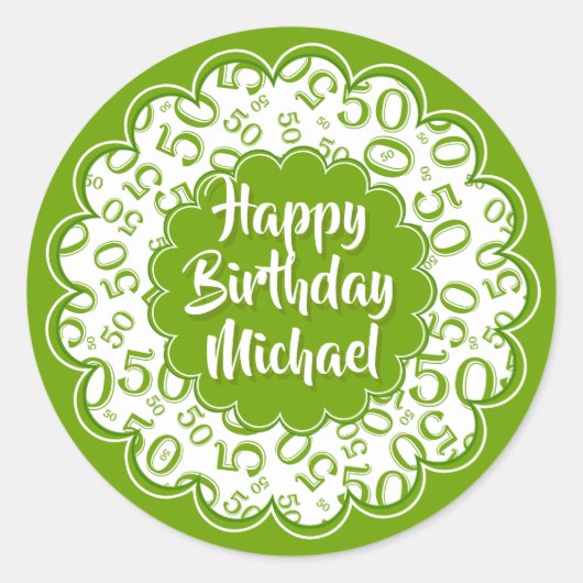 Sticker Rond Joyeux anniversaire 50e Numéro Motif Vert/Blanc (Devant)