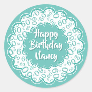 Sticker Rond Joyeux anniversaire 60e numéro Motif Turquoise et