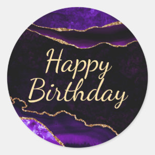Sticker Rond Joyeux Anniversaire Agate Pailletée Violet et Or