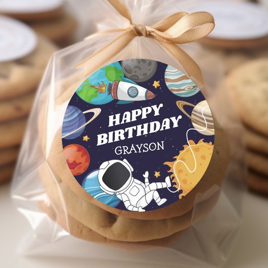Sticker Rond Joyeux Anniversaire Astronaute Spatial