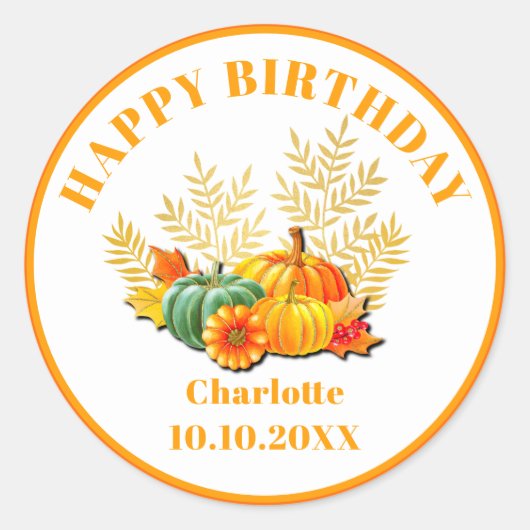 Sticker Rond Joyeux anniversaire Automne Feuilles et citrouille (Devant)