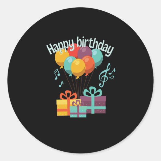 Sticker Rond Joyeux anniversaire avec ballons, notes de musique (Devant)