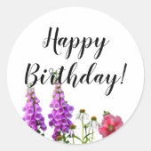 Sticker Rond Joyeux anniversaire avec des fleurs d'été violette (Devant)