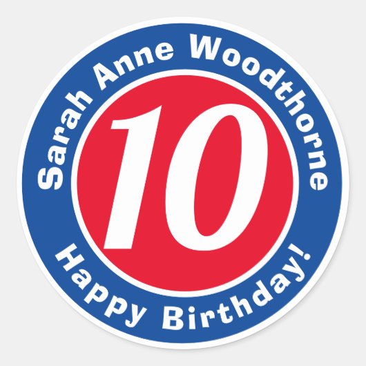 Sticker Rond Joyeux anniversaire avec nom et âge 10 (Devant)