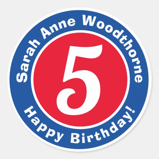 Sticker Rond Joyeux anniversaire avec nom et âge 5 (Devant)