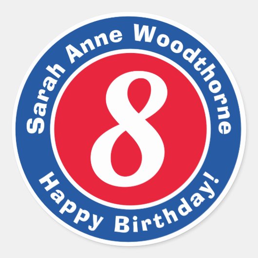 Sticker Rond Joyeux anniversaire avec nom et âge 8 (Devant)