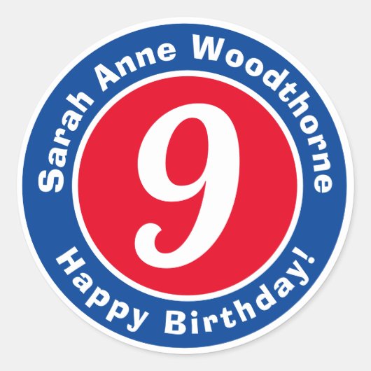 Sticker Rond Joyeux anniversaire avec nom et âge 9 (Devant)