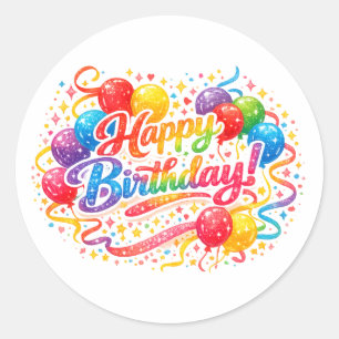 Sticker Rond Joyeux Anniversaire Ballons Arc-en-ciel Confettis
