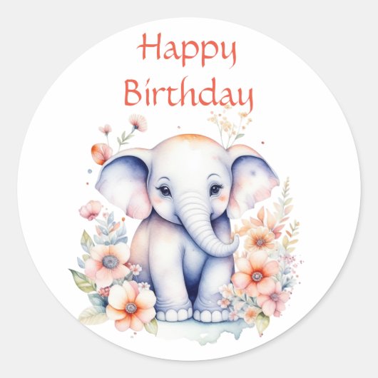Sticker Rond Joyeux anniversaire bébé éléphant aquarelle (Devant)