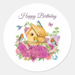 Sticker Rond Joyeux Anniversaire Birdhouse Lilac Fleurs