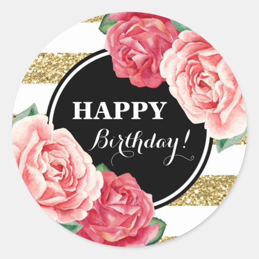 Sticker Rond Joyeux Anniversaire Black Gold Stripes rose Floral (Devant)