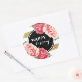 Sticker Rond Joyeux Anniversaire Black Gold Stripes rose Floral (Enveloppe)