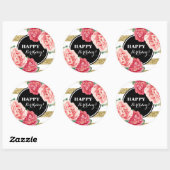Sticker Rond Joyeux Anniversaire Black Gold Stripes rose Floral (Feuille)