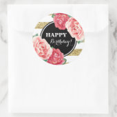 Sticker Rond Joyeux Anniversaire Black Gold Stripes rose Floral (Sac)