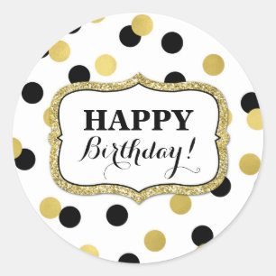 Sticker Rond Joyeux Anniversaire Blanc Noir Confetti Or