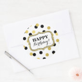 Sticker Rond Joyeux Anniversaire Blanc Noir Confetti Or (Enveloppe)