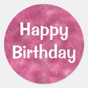Sticker Rond Joyeux Anniversaire Blanc Violet Paillettes Étince