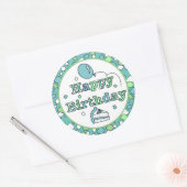 Sticker Rond Joyeux anniversaire bleu et vert (Enveloppe)