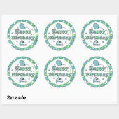 Sticker Rond Joyeux anniversaire bleu et vert (Feuille)