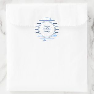 Sticker Rond Joyeux anniversaire Blue Sail Boat et Stripes