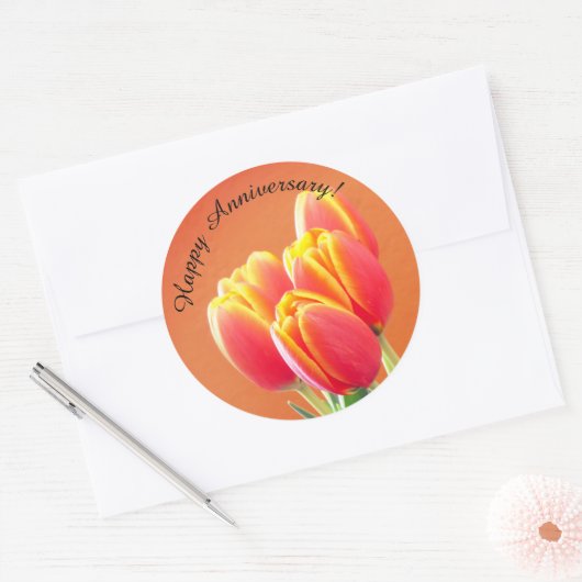 Sticker Rond Joyeux Anniversaire Bouquet de Tulipe orange (Enveloppe)