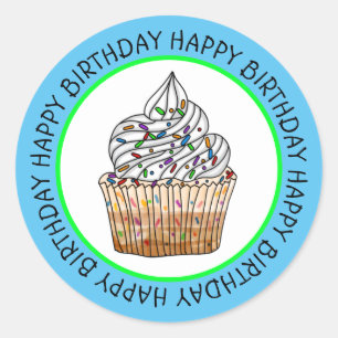 Sticker Rond Joyeux Anniversaire Cartoon Vanilla Cupcake