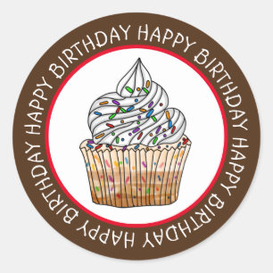 Sticker Rond Joyeux Anniversaire Cartoon Vanilla Cupcake