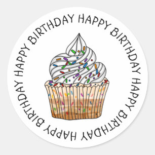 Sticker Rond Joyeux Anniversaire Cartoon Vanilla Cupcake