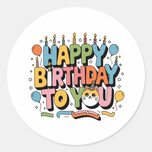 Sticker Rond Joyeux Anniversaire Chat Mignon (Devant)