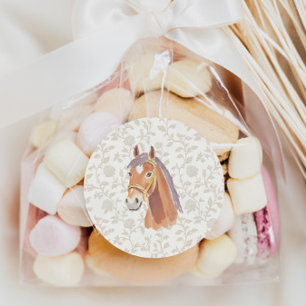 Sticker Rond Joyeux Anniversaire Cheval Brun Neutre