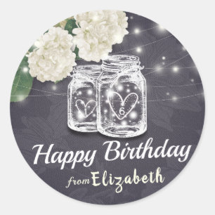 Sticker Rond Joyeux Anniversaire Chic Mason Fleurs Jar Lumière