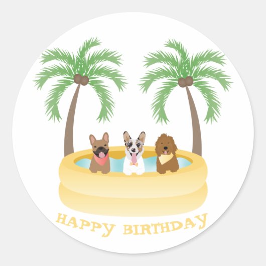Sticker Rond Joyeux Anniversaire Chiens d'été Piscine (Devant)