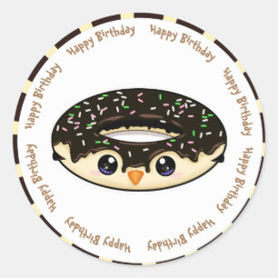 Sticker Rond Joyeux anniversaire chocolat kawaii beigne