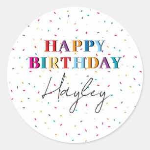 Sticker Rond Joyeux anniversaire coloré Nom personnalisé Confet