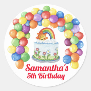 Sticker Rond Joyeux Anniversaire Colorful Cake Aquarelle Baloon