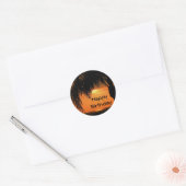 Sticker Rond Joyeux Anniversaire, coucher de soleil de palmier (Enveloppe)