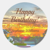 Sticker Rond Joyeux anniversaire coucher du soleil 2295 (Devant)