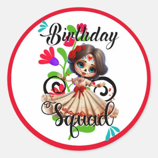 Sticker Rond Joyeux Anniversaire Crâne de Sucre Mignon (Devant)