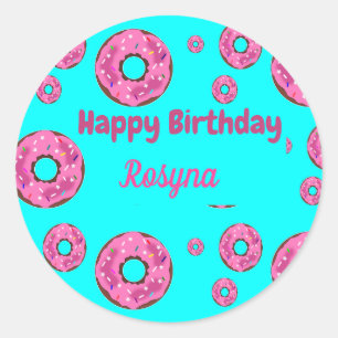 Sticker Rond Joyeux anniversaire crème rose beignets bleu
