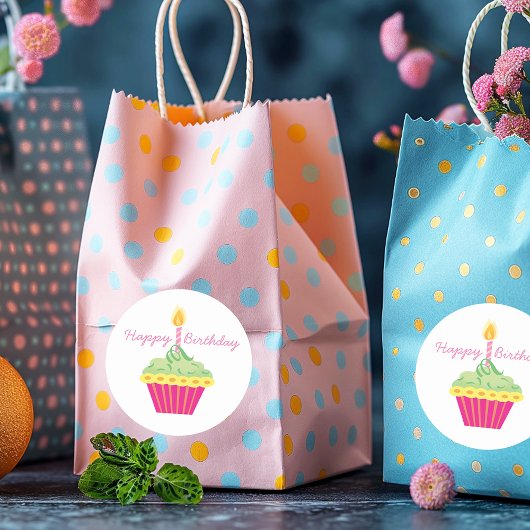 Sticker Rond Joyeux Anniversaire Cupcake rose