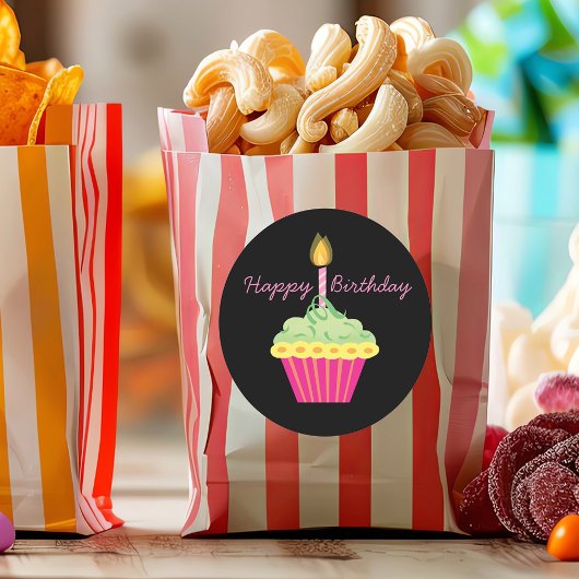 Sticker Rond Joyeux Anniversaire Cupcake rose