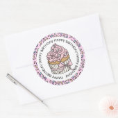 Sticker Rond Joyeux Anniversaire Cupcake rose et vanille    (Enveloppe)